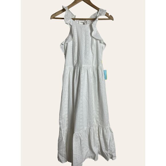 Cece White Eyelet Embroidered Atrapoy Ruffled Sleeveless Midi Dress Size 0 - Picture 1 of 9